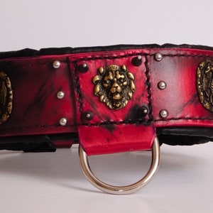 Leather Dog Collar for Big Breeds Red Color Padded with rivets and Conchos, Cane Corso, Boerboel Mastiff, German Shepherd