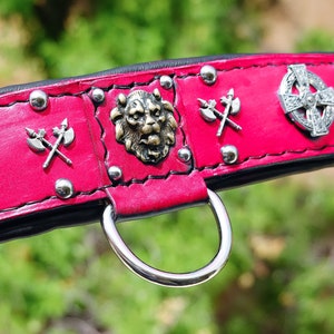 Magenta Leather Dog Collar: Celtic Medieval Design, Padded, Wide