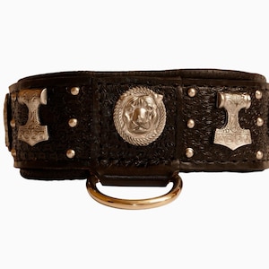 American Bully Leather Dog Collar with tooled handmade pattern, chrome metal thor hammers and viking dragons, pitbull collar, staffy terrier
