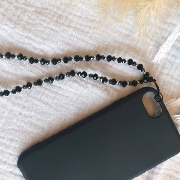 Bijou de téléphone en perles de cristal de verre noir, grigri téléphone, accessoire téléphone portable