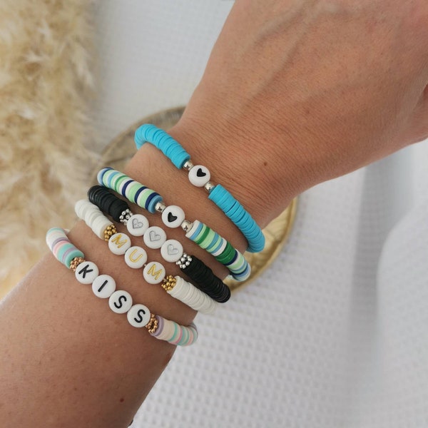 bracelet perles heishi personnalisable, bracelet surfeur, bracelet élastique rondelle, bracelet perles polymère, bracelet élastique heishi