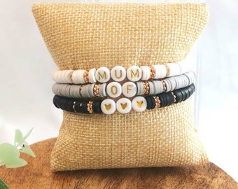 trio de bracelet personnalisable "mum of", bracelet perles heishi à personnalisé, 19 couleurs possible,  cadeau fête de mères