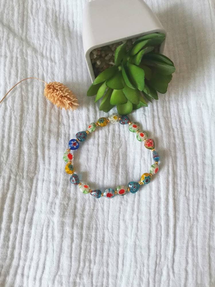 Bracelet En Argent 925 - Maille Jaseron 3mm Avec Vraies Perles Millefiori De Murano - Neuf