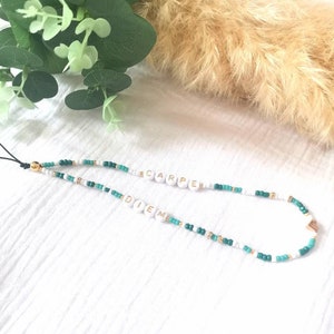 Carpe diem joia de telefone verde, telefone grigri, acessório de telefone, presente personalizado, cabo de telefone verde, joia feminina