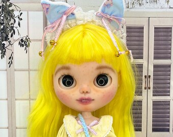 Custom Blythe doll with Licca style body and yellow hair OOAK Blythe kawaii cute art doll + free gifts