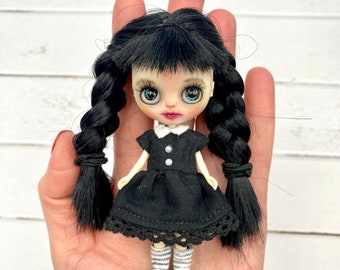 SOLD Custom Petite Blythe doll Wednesday Addams art doll mini Blythe black hair ooak doll bag doll stand layaway accepted + free gifts