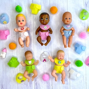 Miniature Doll Bib & Diaper Set, fits 3 inch baby doll / zuru mini baby / happy family baby / Krissy doll
