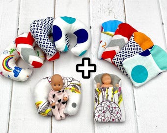 Miniatur Puppen Schlafsack & Stillkissen Set für 3 cm Babypuppe / Zuru Mini Baby / Happy Family Baby / Krissy Puppe