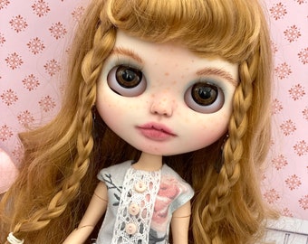 Custom Blythe doll OOAK with bjd body golden hair clothes shoes neck joint hands art doll freckles + free gifts, layaway accepted