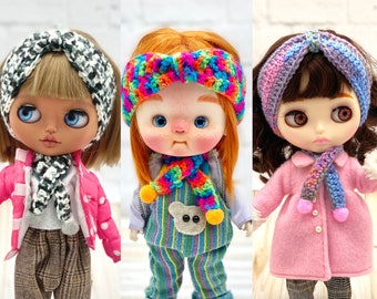 Headband and scarf for Blythe Qbaby Pullip crochet wool hairband accessories for doll outfit warm clothes for Autumn and Winter