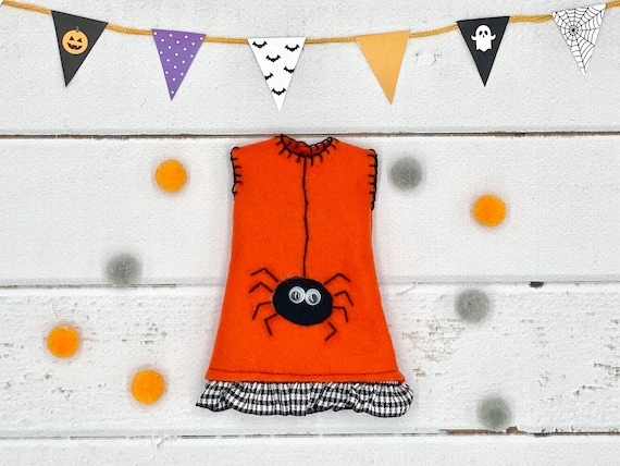 Orange Halloween Doll Dress, Faux Felt Spooky Spider Web Holiday Outfit for Fashion Dolls, Playscale Miniature Dollhouse Clothing