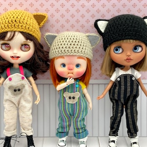Cute crochet kitten hat and scarf set for Blythe Qbaby and Pullip doll hat with cat ears outfit for doll clothes accessories
