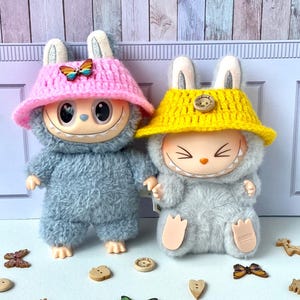 Customizable bucket hat for Labubu, 29 colors, 8 different buttons, crochet hat, labubu clothes accessories for Labubu