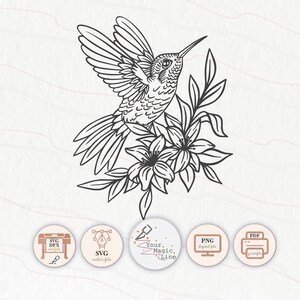 Kolibrie met bloemen gesneden bestand SVG, DXF, PNG