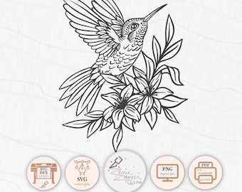 Hummingbird with flowers cut file SVG, DXF, PNG
