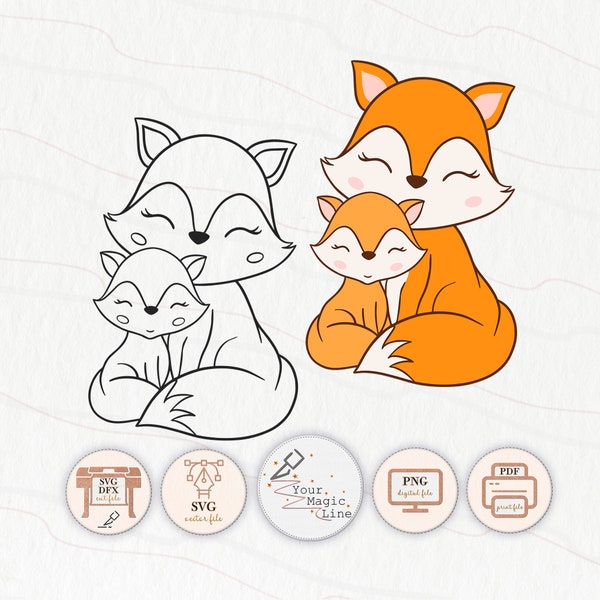 Sticker fox mom and baby cut and print file SVG, DXF, PNG, pdf