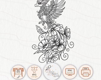 Phoenix with flowers cut file SVG, DXF, PNG