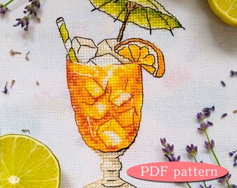 Orange cocktail cross stitch PDF pattern, Summer cross stitch, Instant download PDF