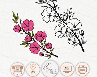 Puede incluir: Una descarga digital de una ilustración de línea de arte en blanco y negro de una rama floreciente con flores rosas. La imagen está disponible en los formatos SVG, DFX, PNG y PDF.