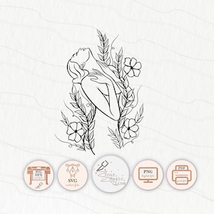 シルエットの花柄の女性の SVG、PNG、PDF、Studio、Cameo および Cricut マシンのカッティング用ファイル、印刷可能なアートフラワー