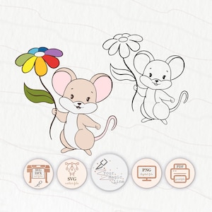 Mouse with flower cut and print file SVG, DXF, PNG, pdf