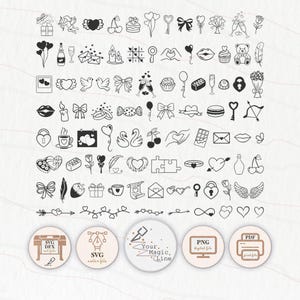 以下が含まれることがあります： ハート、リボン、鍵などのロマンチックなシンボルを描いた、白黒の線画イラストのコレクション。SVG、DFX、PNG、PDFのデジタルファイル形式のアイコンが含まれています。「Your. Magic. Line」の文字も表示されています。