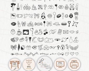 Símbolos de iconos (90 piezas) para San Valentín, bodas y compromisos: corte, impresión y grabado en SVG, PNG y DFX (descarga digital).