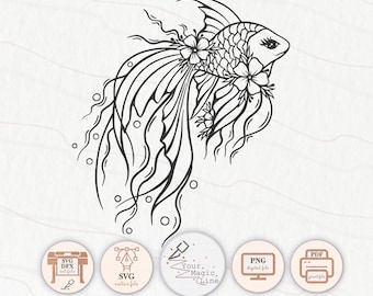Silhouette of a fish with flowers cut file SVG, DXF, PNG