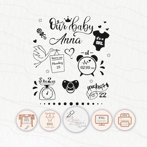 Geboortestatistieken babymeisje SVG, geboorteaankondiging PNG, sjabloon svg, silhouet en Cricut gesneden bestanden, pasgeboren statistiek feit, babystatistieken svg