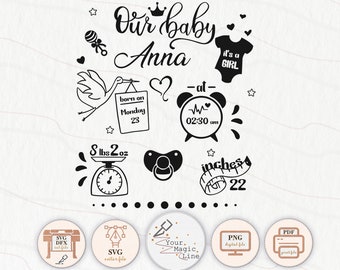 Estadísticas de nacimiento de niña (SVG): Plantilla de anuncio, archivos de silueta de Cricut