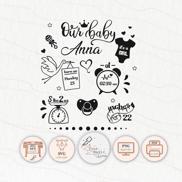 Birth Stats Baby girl SVG, Birth Announcement PNG, Template svg, Silhouette & Cricut Cut Files, Newborn statistic fact, Baby Stats svg