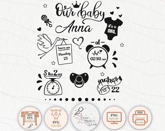 Birth Announcement Svg, Birth Stats Svg, Baby Keepsake Template Svg Dxf ...