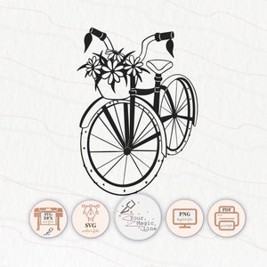 Bicicletta con fiori SVG, PNG, Silhouette e Cricut Cut Files, Bici d'arte stampabile, Bici Clipart, Pagina da colorare, Timbro digitale