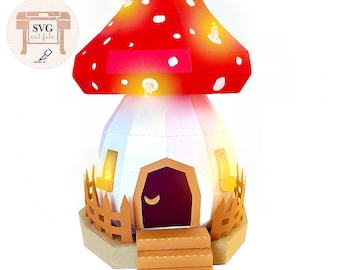 Linterna de papel 3D - casa para seta amanita muscaria. Lámpara. Archivo SVG para cortar.