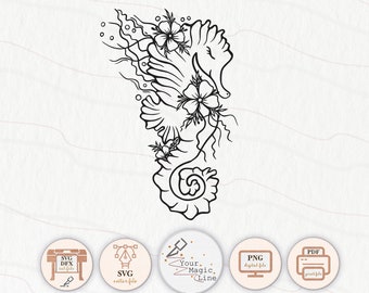 Sea horse with flowers cut and print file SVG, DXF, PNG and odf