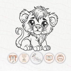 May include: A black and white line art illustration of a cute cartoon lion cub sitting with big eyes. The image is suitable for use in crafting projects, such as vinyl decals, iron-on transfers, and digital downloads.