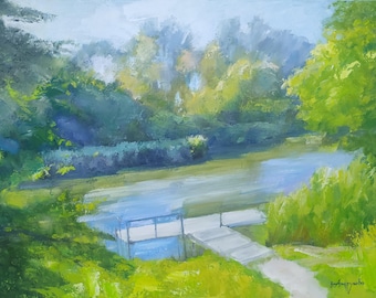 Oil painting summer, Original oil painting river, Artwork pier, Oil painting on canvas landscape, Painting fishing, Swimming in the river