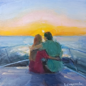 Oil painting couple in love, Oil painting lovers, Landscape with a sea oil painting, Lovers picture, Сouple in love picture