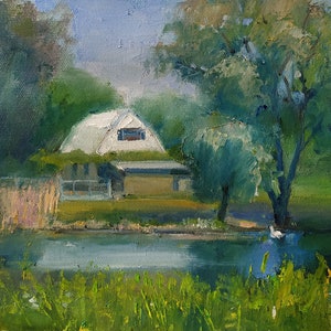 Small oil painting, Small painting lake, Original oil painting, Ukrainian village, Swan, House in the village, Nature