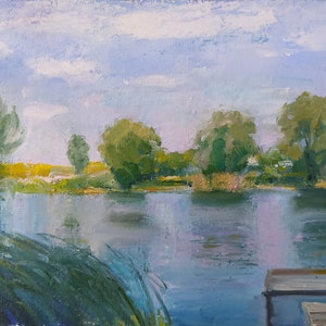 Small painting landscape, Small painting lake, Landscape lake, Landscape ukraine, Original oil painting, Ukrainian village landscape