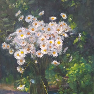 Oil painting on canvas daisies, Still life wildflowers, Still life chamomile, Original oil painting wildflowers, Painting flowers in a vase