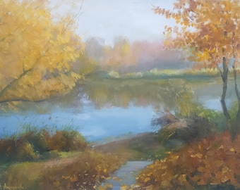 Dipinto a olio originale su tela Paesaggio autunnale, opera d'arte impressionista a olio Foresta autunnale, arte murale Sentiero autunnale, dipinto a olio della foresta autunnale
