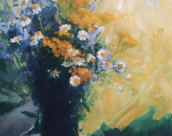 Still life tansy on the table, oil painting on canvas oil painting ukrainian still life, oil painting daisies, original painting tansy