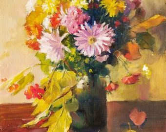 Original Impressionist Oil Painting on Canvas, Autumn Asters Still Life in Dark Glass Vase, Expressive Brushstrokes, One of a Kind Art