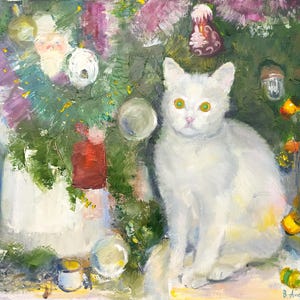 A painting of a cat near a Christmas tree,