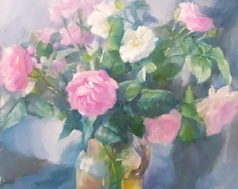 Painting roses, Original art flowers, Still life roses, Picture flowers on the table, Ukrainian painting, White flowers, Red flowers
