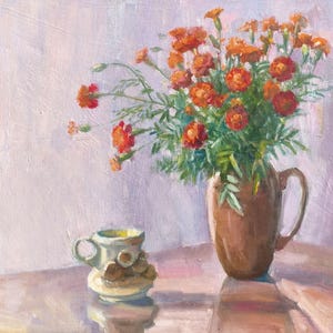 May include: An oil painting depicts a still life with a brown pitcher filled with orange marigold flowers and green leaves. A small white teacup and saucer with a pastry are on a table. The background is a soft pink.