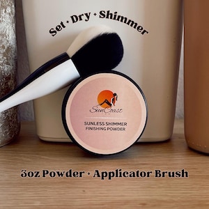 Sunless Setting Powder with Applicator Brush, Spray Tan Finishing Powder, Tanning Powder, Talc Free, Rose Gold Shimmer (3oz Jar + Brush)