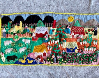 ARPILLERA  Hand Stitched Wall Hanging Vintage Arpillera   20  X 20 Square   Harvesting the Garden       Made in Peru