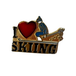 Vintage Ski I Love Skiing Pin, Retro Ski Pin, Retro Winter Sports Pin, Snow Sports Badge, Funny Ski Pin